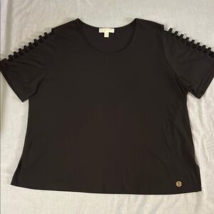 Michael Kors Black Boxy Short Sleeve Top with Ladder Details on Sleeves